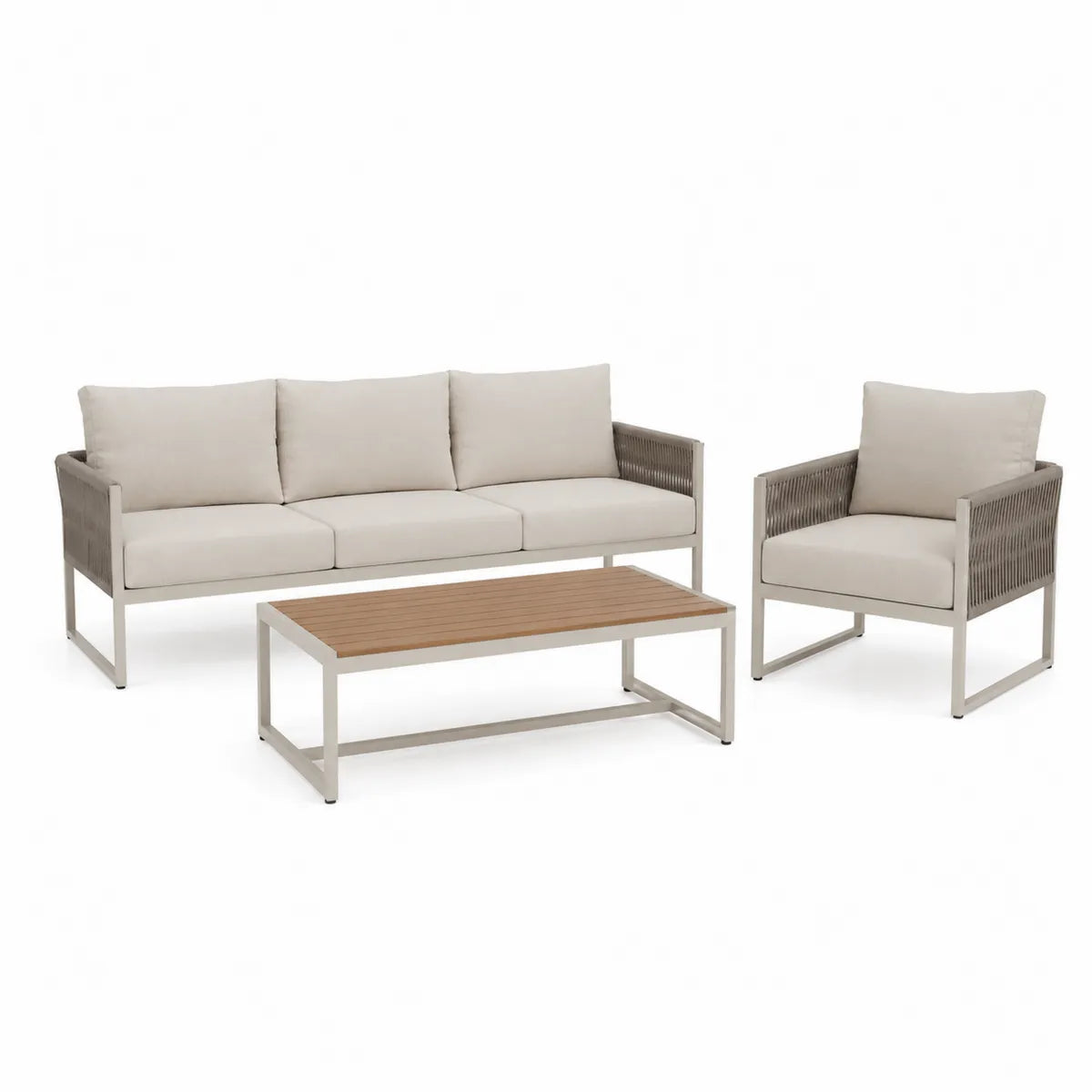 Zestaw mebli outdoor z sofą, fotelem i stolikiem, beżowy, aluminium i drewno, sofa 180 cm