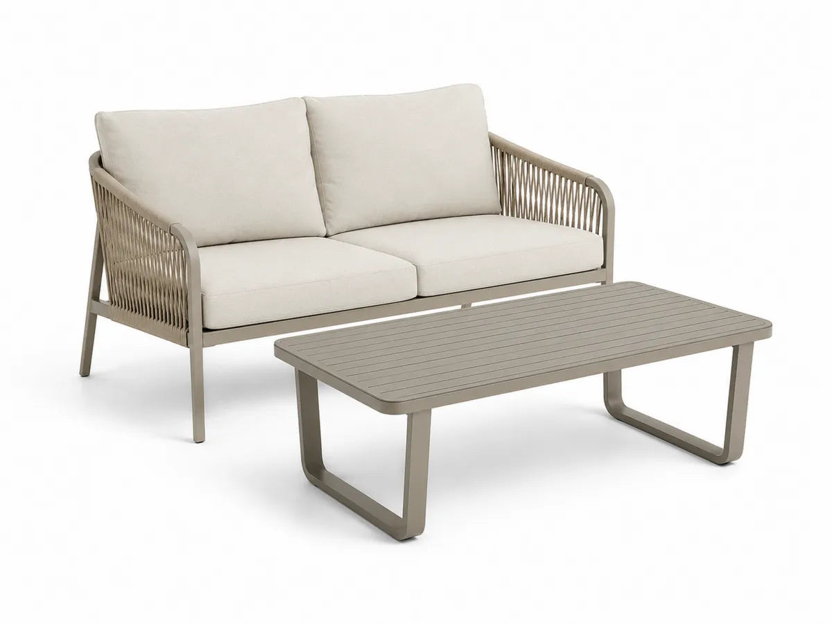 Aluminiowa sofa ogrodowa z poliestrowymi poduszkami i stolikiem szarym