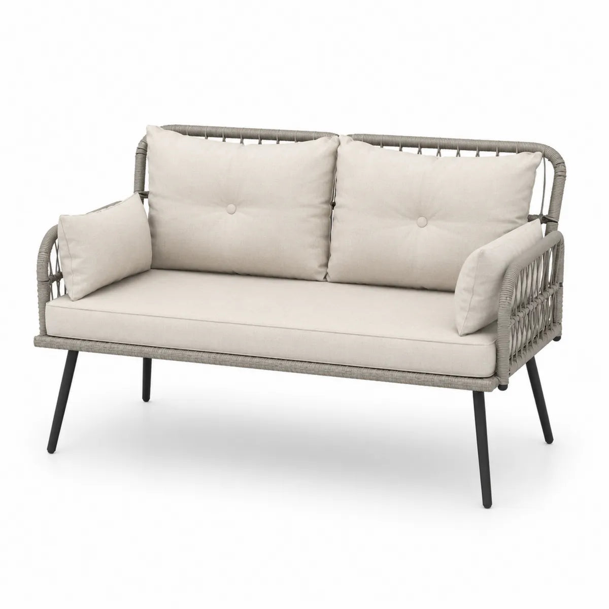 Ogrodowa sofa dwuosobowa z metalową ramą i sznura PE beżowa