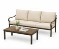 Zestaw mebli ogrodowych: sofa trzyosobowa z poduszkami, stelaż aluminiowy, stolik drewniany