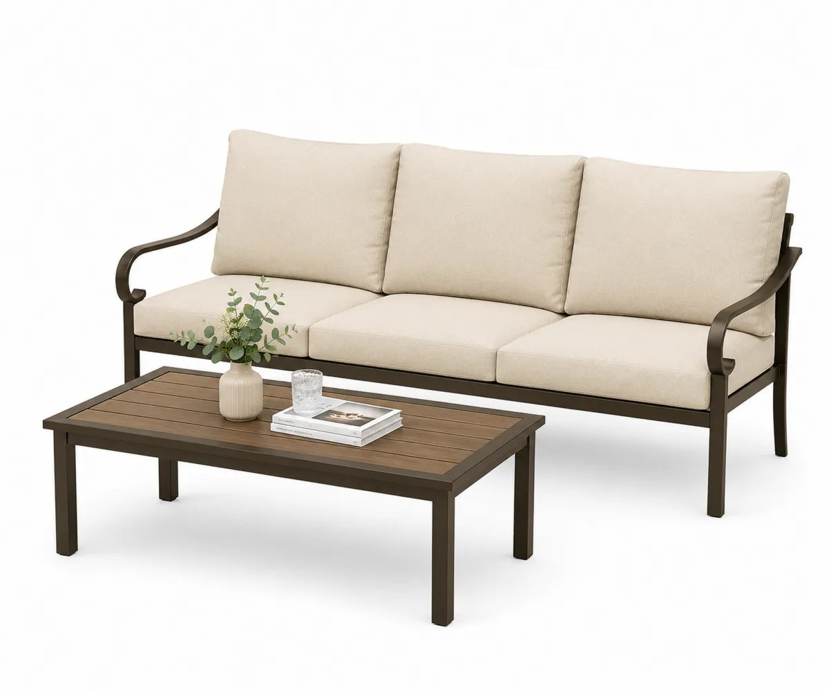 Zestaw mebli ogrodowych: sofa trzyosobowa z poduszkami, stelaż aluminiowy, stolik drewniany