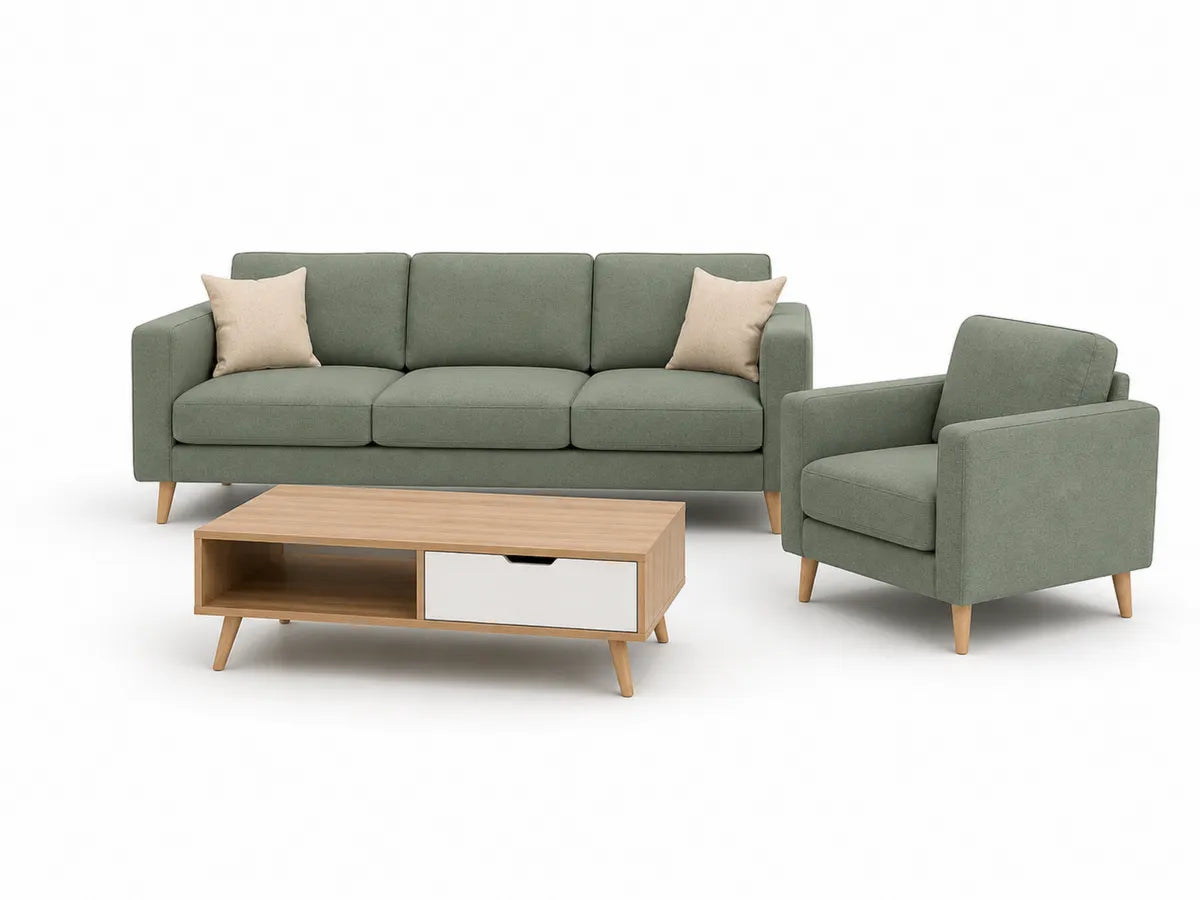 Zestaw wypoczynkowy sofa i fotel z drewnianymi nogami, zielony