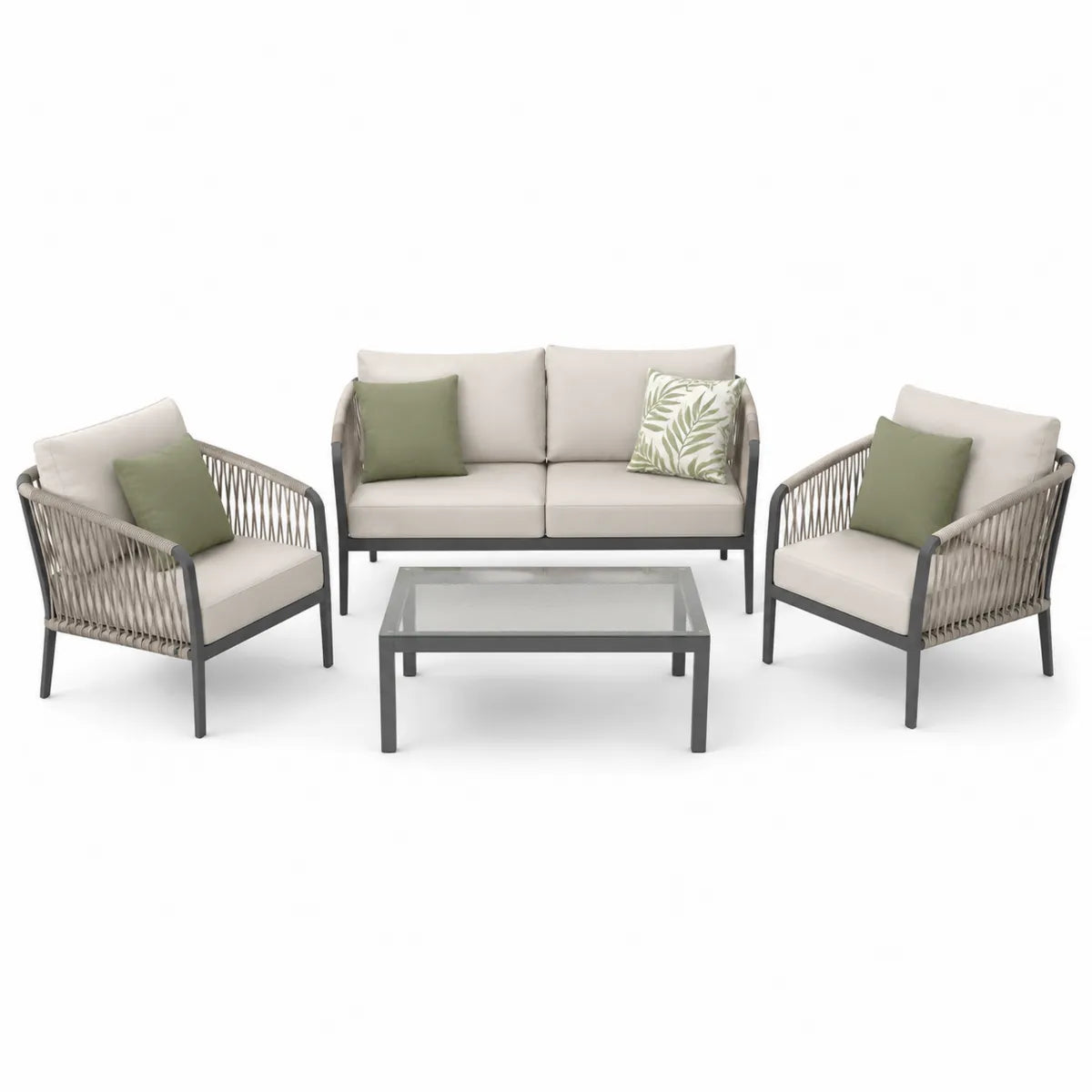 Aluminiowy zestaw wypoczynkowy z poduszkami i stolikiem szklanym, beżowy, 3-osobowa sofa, 2 fotele