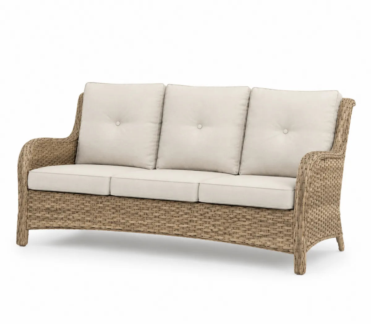 Rattanowa sofa z kremowymi poduszkami 200 cm