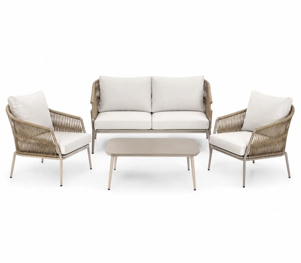 Zestaw mebli ogrodowych z aluminium i beżowymi poduszkami - sofa 2-osobowa, 2 fotele, stolik