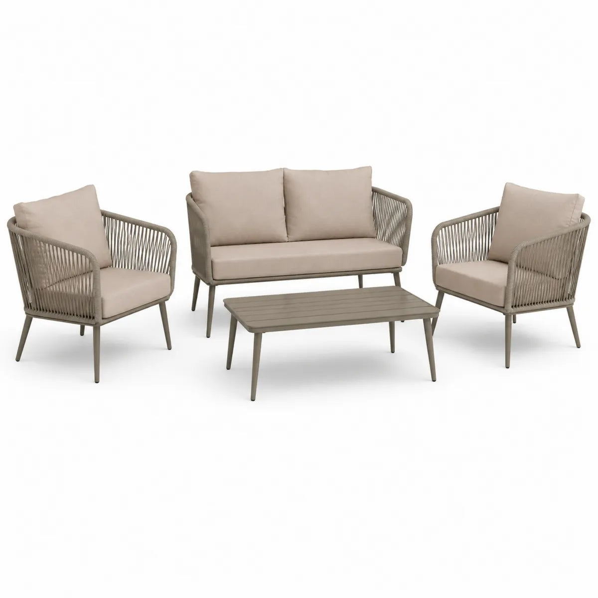 Zestaw aluminiowy mebli ogrodowych z poduszkami beżowy - 2 fotele, sofa, stolik